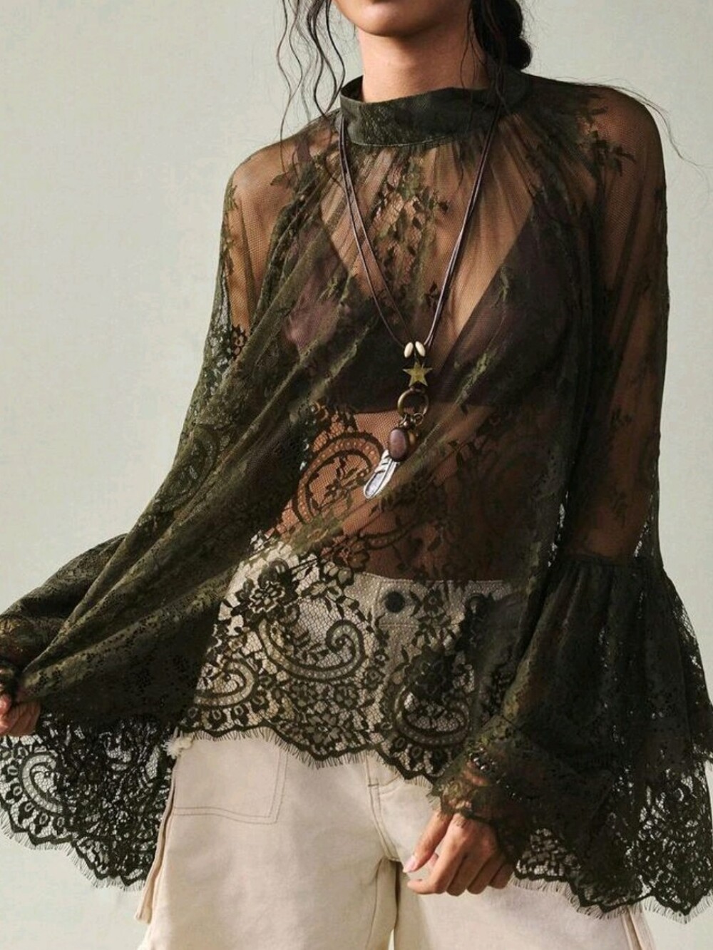 Women's Mandarin Collar Raglan Sleeve Elegant Lace Blouse,Olive Green